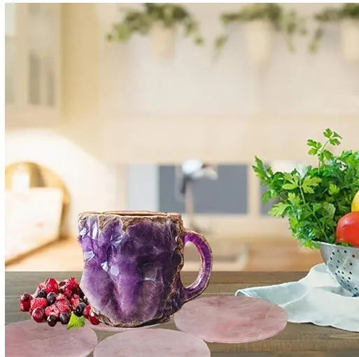 Clear resin mineral crystal coffee mug with handle in a blue colour, showing 400ml capacity.