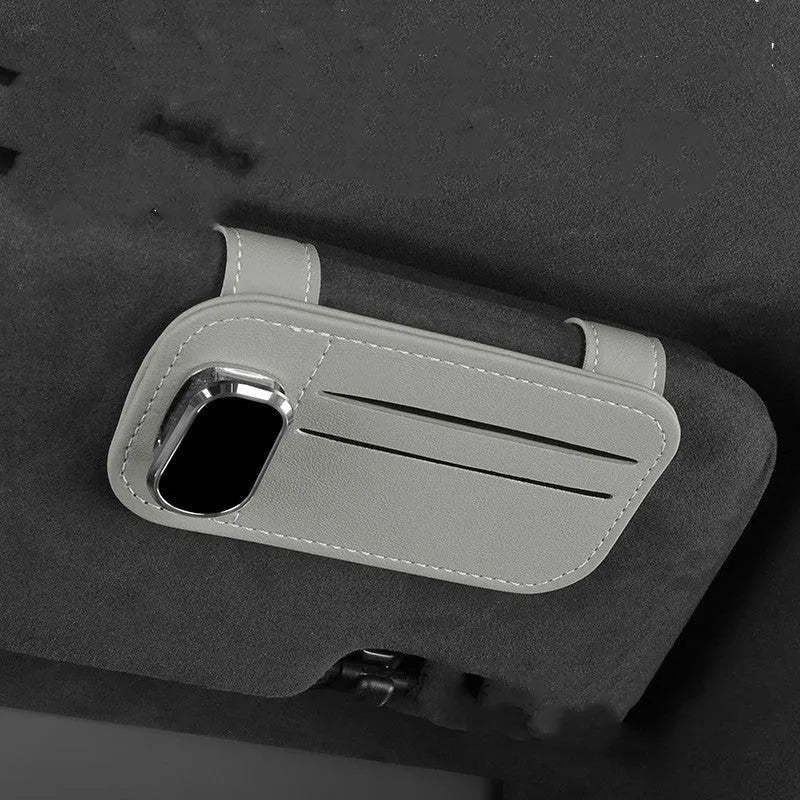 Car sun visor storage organiser with card holder and glasses clip made from cowhide leather