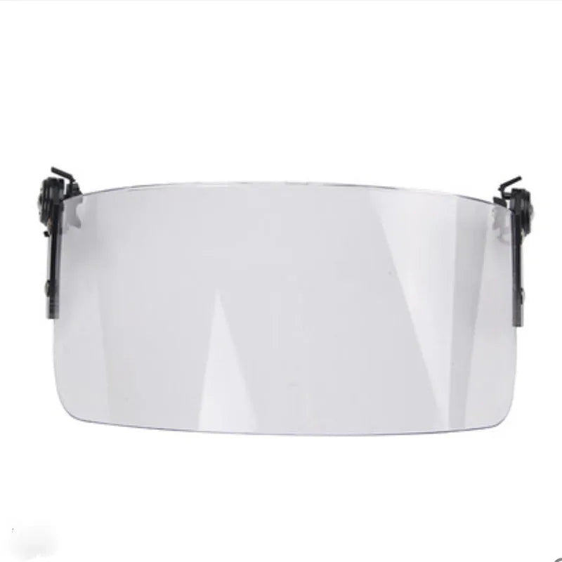 Transparent PC plastic sports helmet mask with a guide rail, shown in a clear colour.