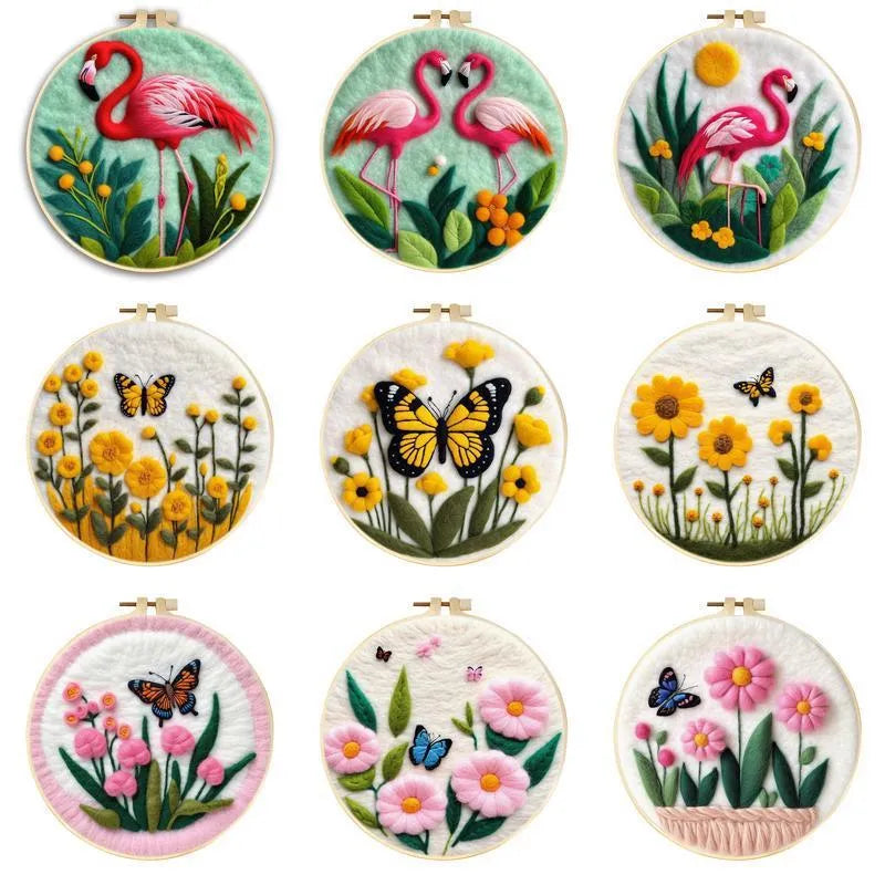 Round three-dimensional wool felt embroidery on linen with floral pattern in embroidery frame