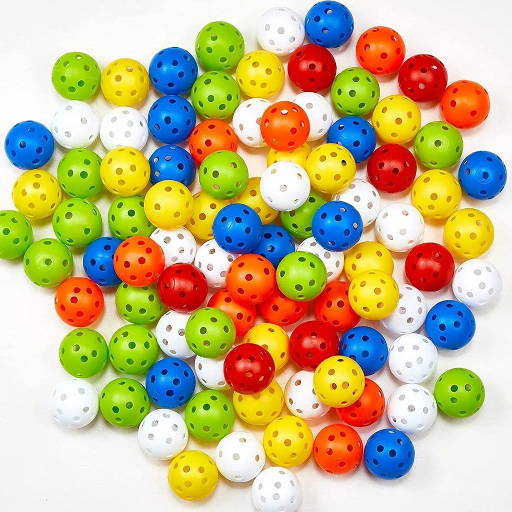 Multi-colour golf practice balls showing red, orange, blue, green, white, and yellow 42mm diameter balls