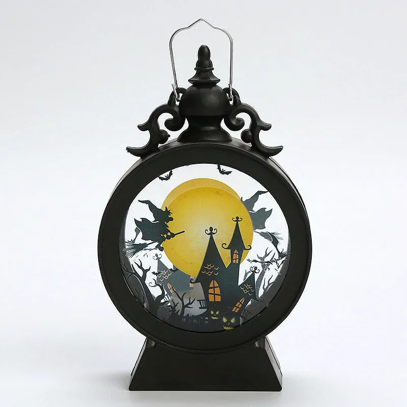 Halloween retro candle portable storm lantern with hook, 9.5x15cm, three light colour options Castle Pumpkin Witch