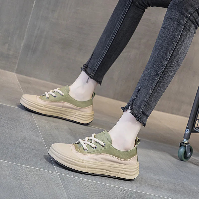 Women's round toe leather casual platform sneakers in matcha green, front lace-up design