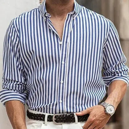 Men's loose-fit striped cardigan style button shirt in khaki, made from polyester fibre, with long sleeves