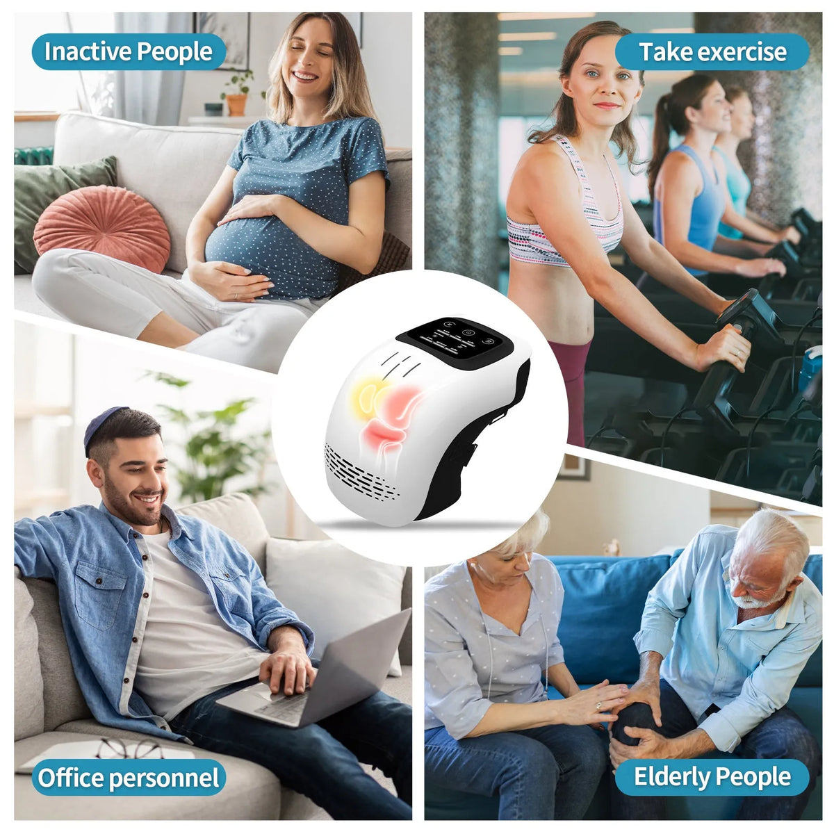 White electric knee massager showing flexible design with control panel and USB charging port