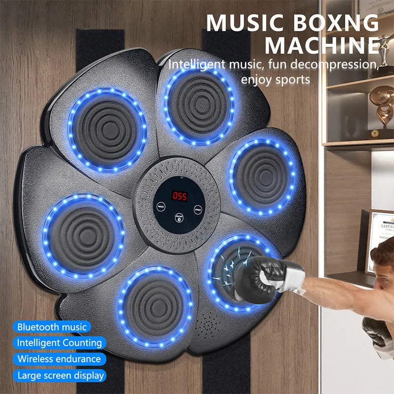 Black smart boxing wall target with LED lights and Bluetooth connectivity for indoor training