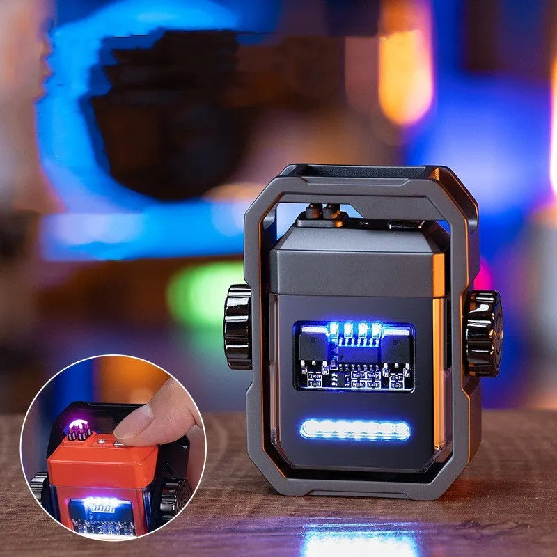 Zinc alloy windproof double arc electric lighter with rotary gyroscope in black nickel brushed finish on a dark background
