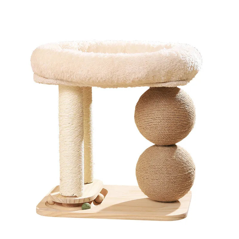 Pine wood cat nest with a central grasping ball for scratching, shown in a simple style.