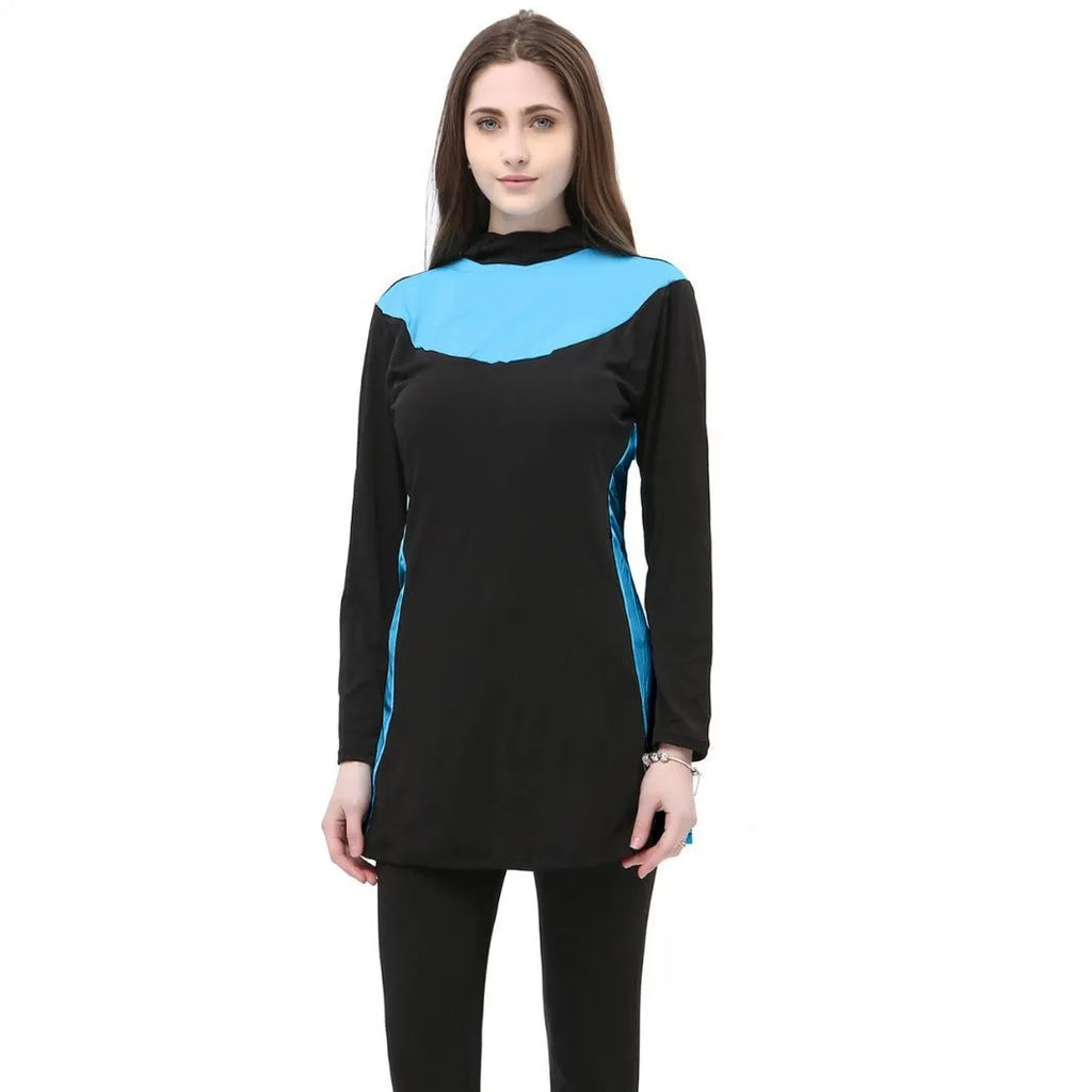 Women's conservative long sleeve hooded one-piece swimsuit in black with coloured accents.