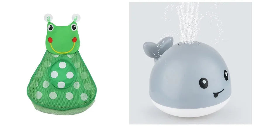 White and blue whale bath toy spraying water with LED lights illuminated
