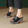 Black women's platform sandals with chunky heel, round toe, and Czech diamond leather upper