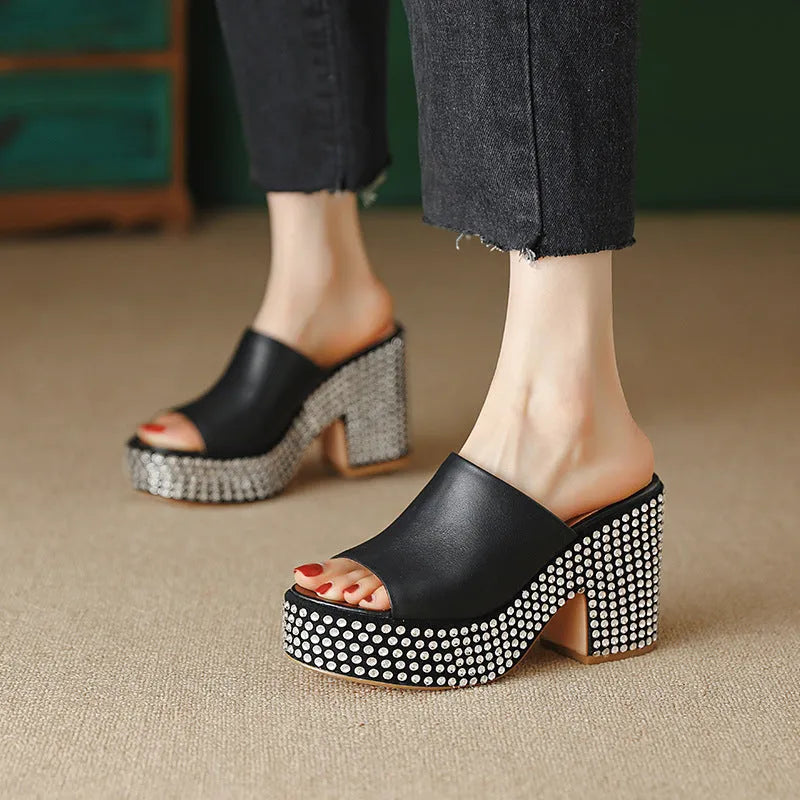 Black women's platform sandals with chunky heel, round toe, and Czech diamond leather upper