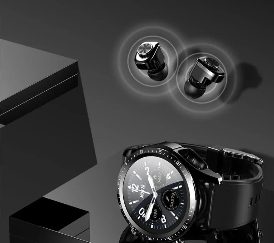 Black smart watch with silicone strap showing blood pressure and oxygen monitoring on screen.