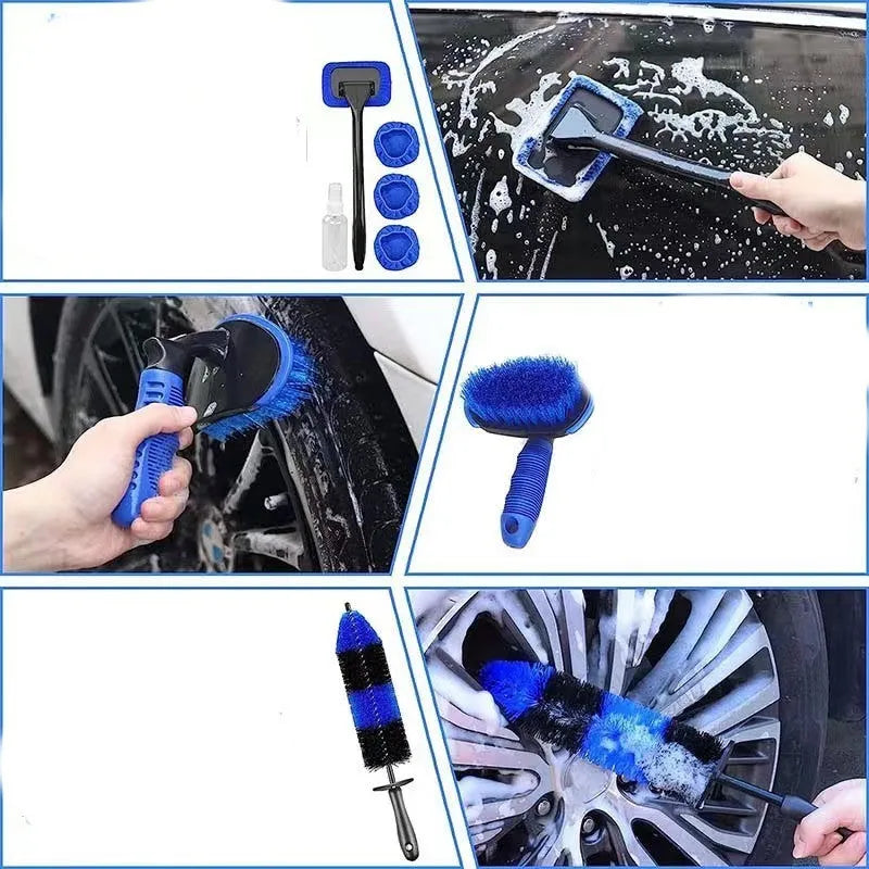 26-piece car wash brush and cleaning kit with tyre brush and detailing tools made from grey PP plastic.