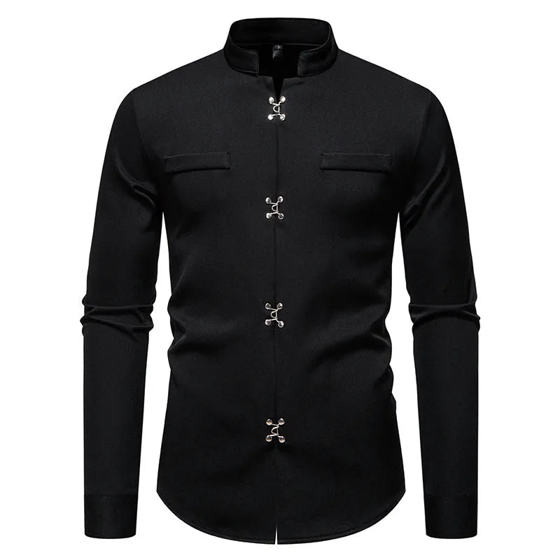 Men's long-sleeved slim-fit cardigan shirt in black polyester – front view