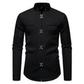 Men's long-sleeved slim-fit cardigan shirt in black polyester – front view