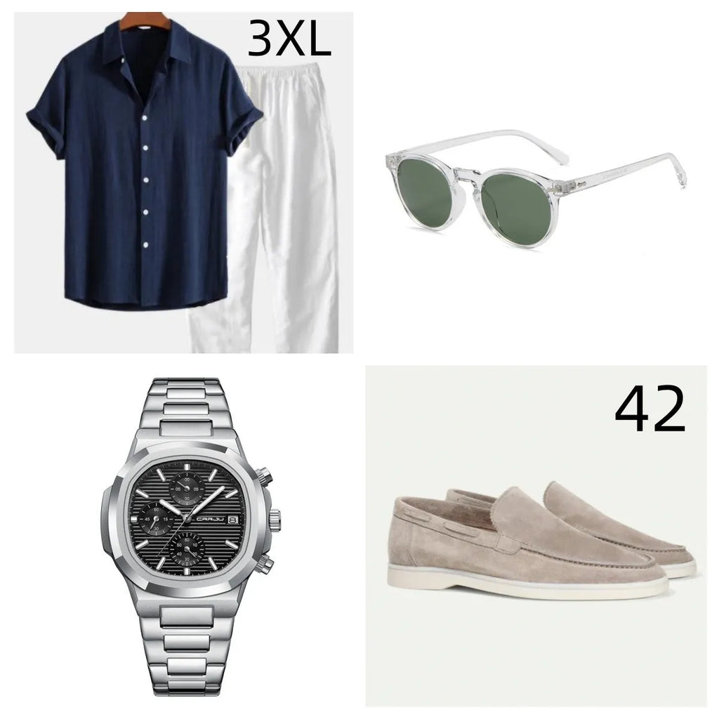 Men's casual short sleeve cotton linen suit set in navy blue with matching glasses, shoes and watch accessories