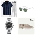 Men's casual short sleeve cotton linen suit set in navy blue with matching glasses, shoes and watch accessories