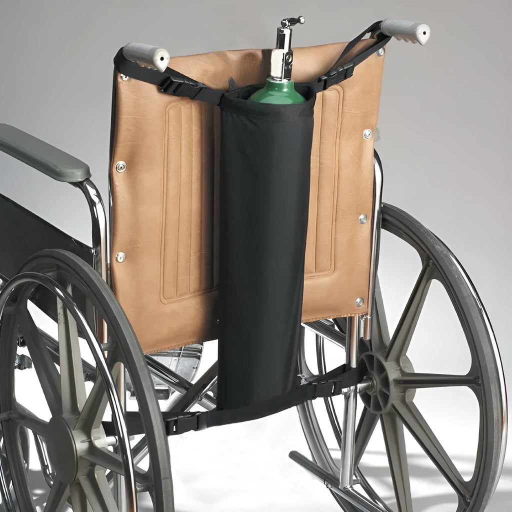 Black cylindrical wheelchair pannier bag made from 600D Oxford cloth for oxygen cylinder storage during travel