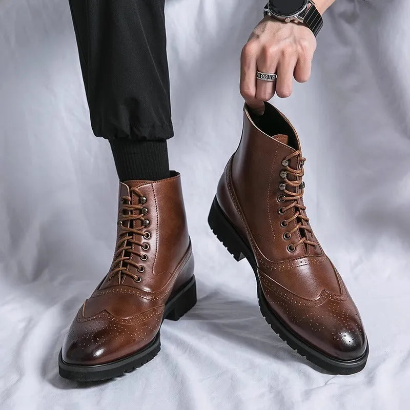 Men's leather thick sole mid top work shoes in black and brown sizes 38-46