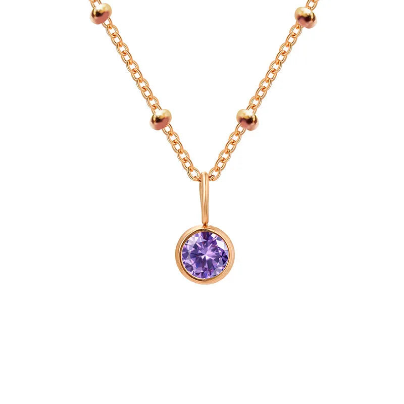 Stainless steel birthstone necklace with round pendant and ball bead chain in multiple colour options