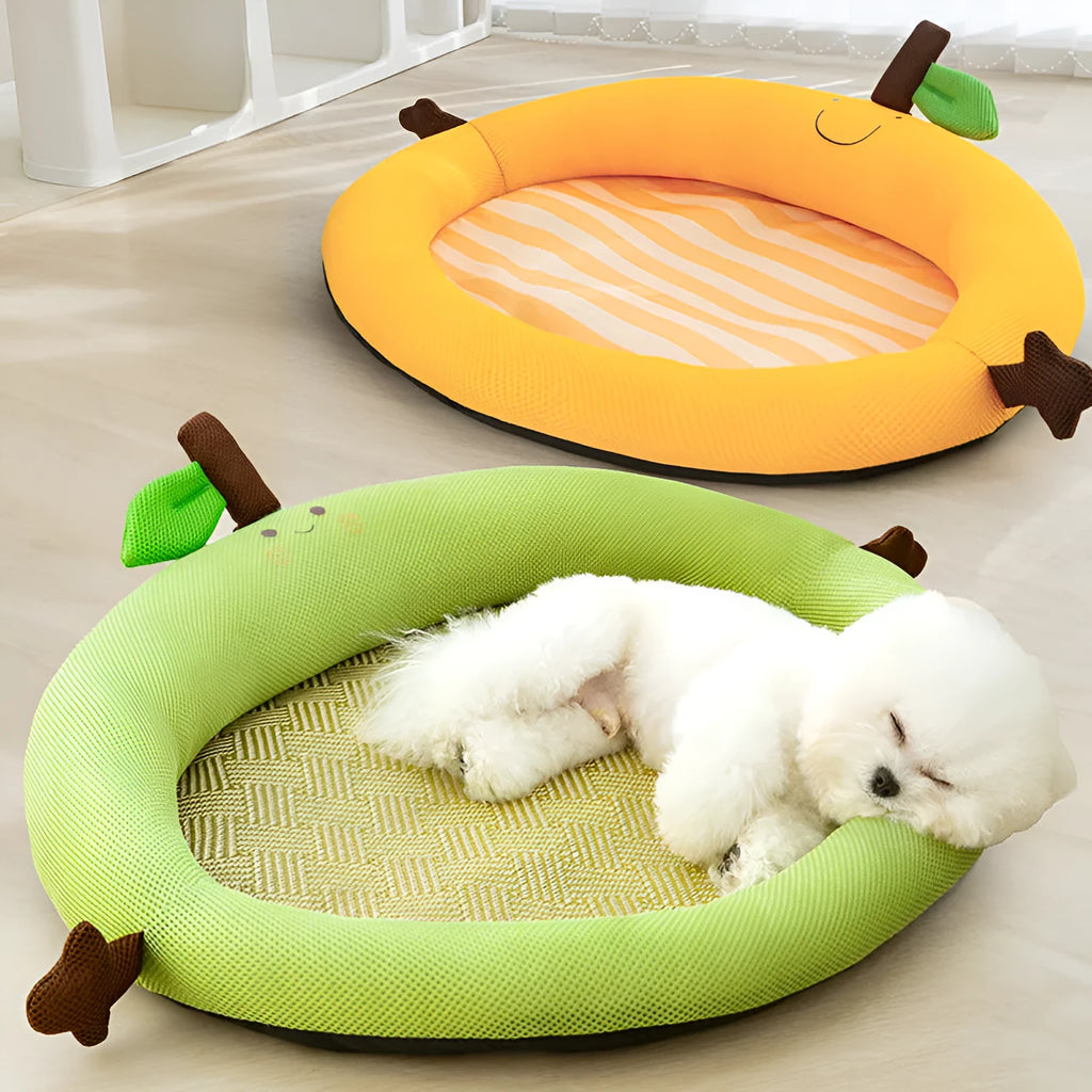 Fruit-shaped pet cooling mat with backrest in green or yellow colour options