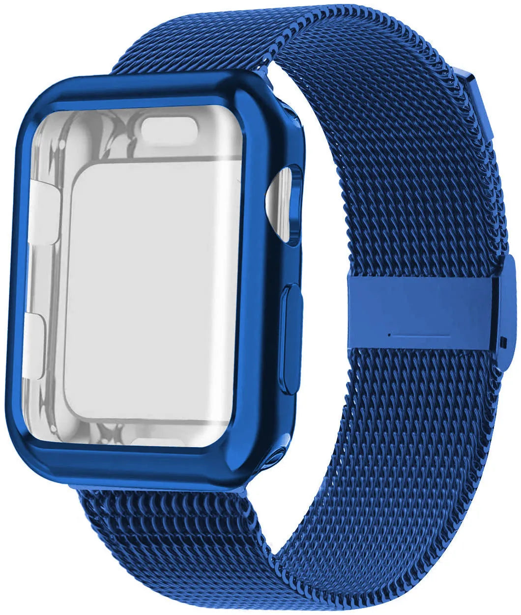 Magnetic metal Milan wristband for Apple Watch on wrist, showing clasp and mesh detail.