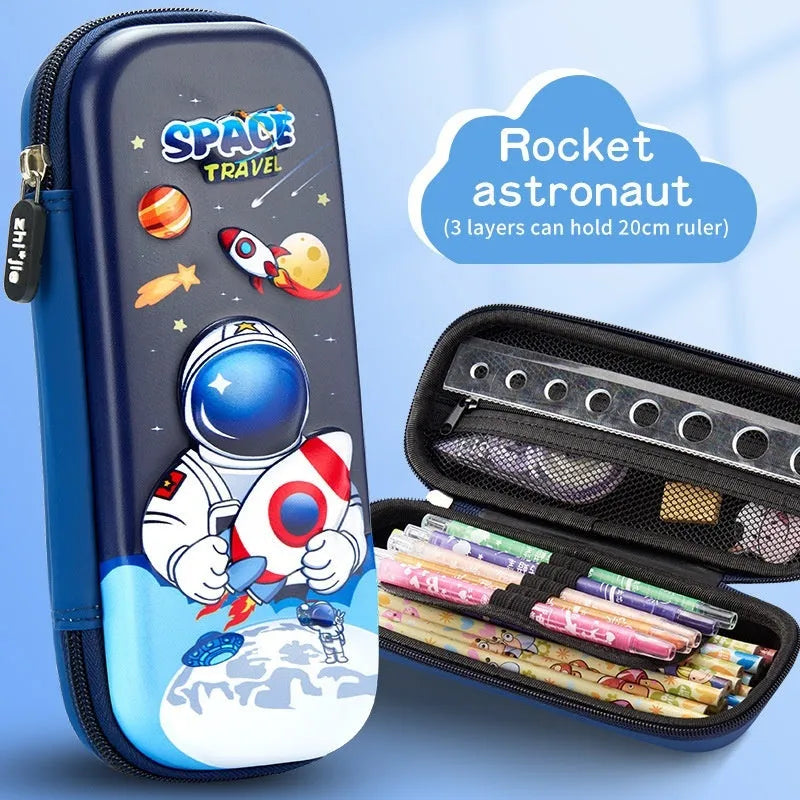 3D leather pencil case with zipper closure showing character design options including astronauts, unicorns, and mermaids