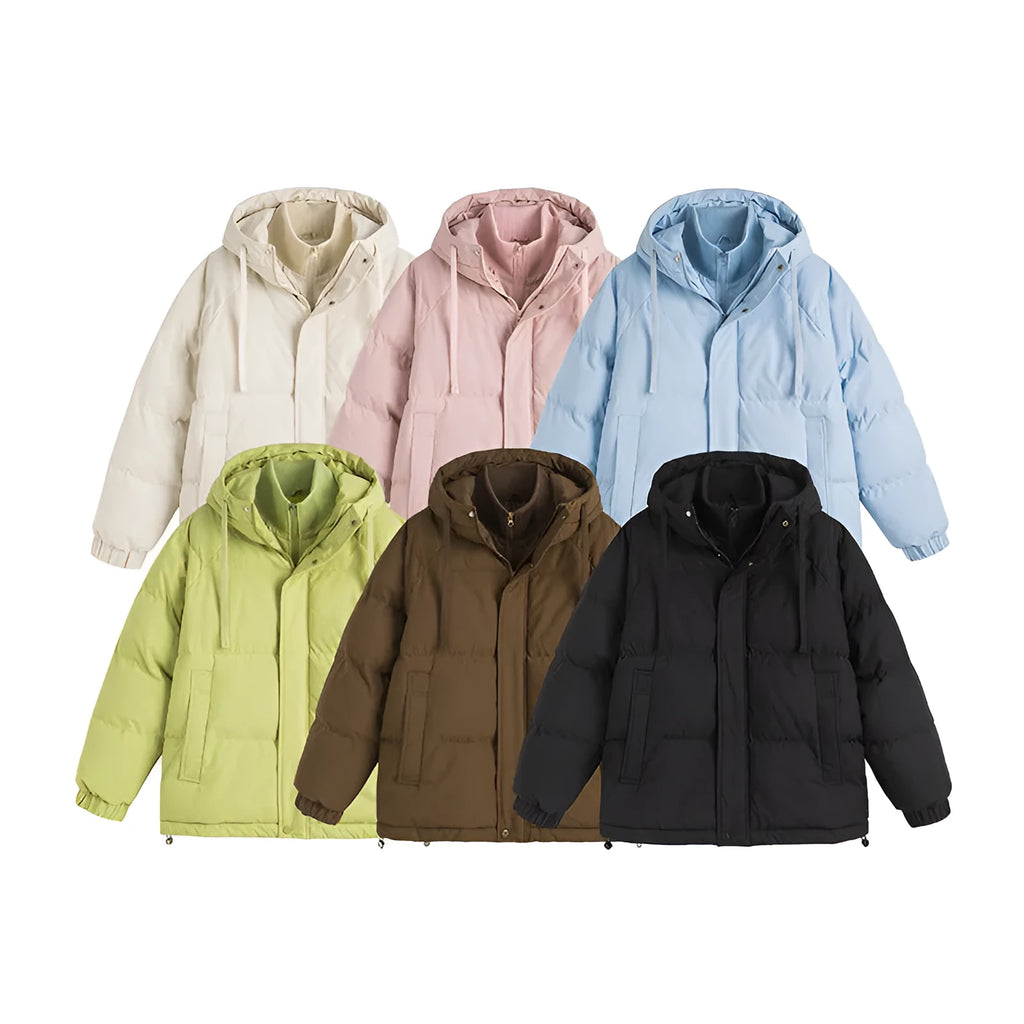 Loose winter cotton coat in solid colour with side seam pockets and cardigan styling