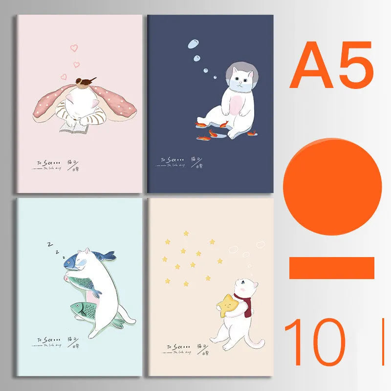 Set of ten soft-cover thread-bound notebooks showing various designs including animals, botanical prints, and geometric patterns.