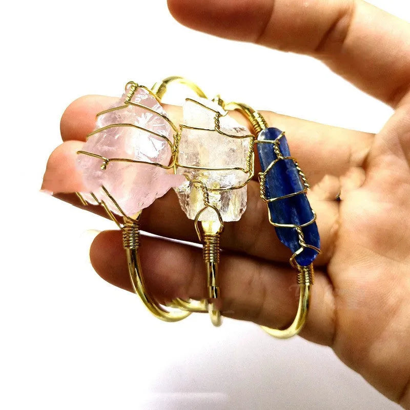 Natural crystal rough stone bracelet with gold geometric winding wire in bohemian style