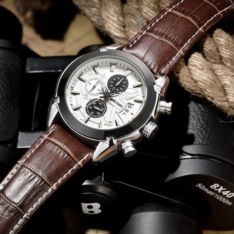 Men's multifunctional quartz watch with three dials and luminous hands on waterproof case