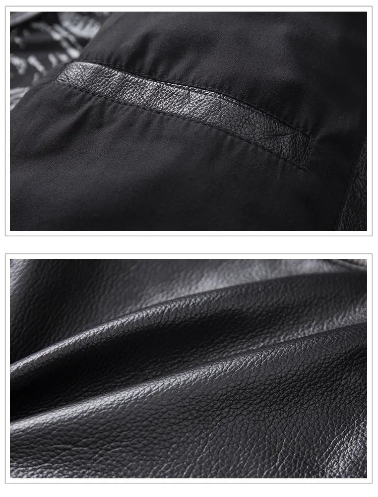 Men's stand collar genuine leather motorcycle jacket with skull pattern in black