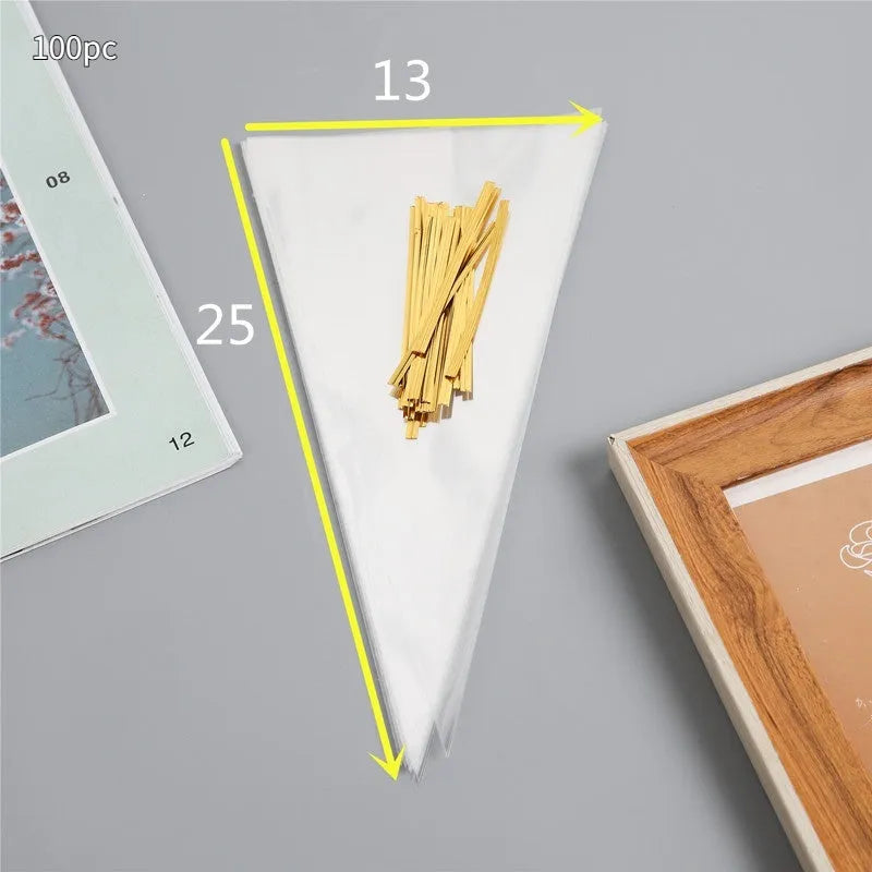 Clear triangular plastic packaging bags with wire ties in three different sizes