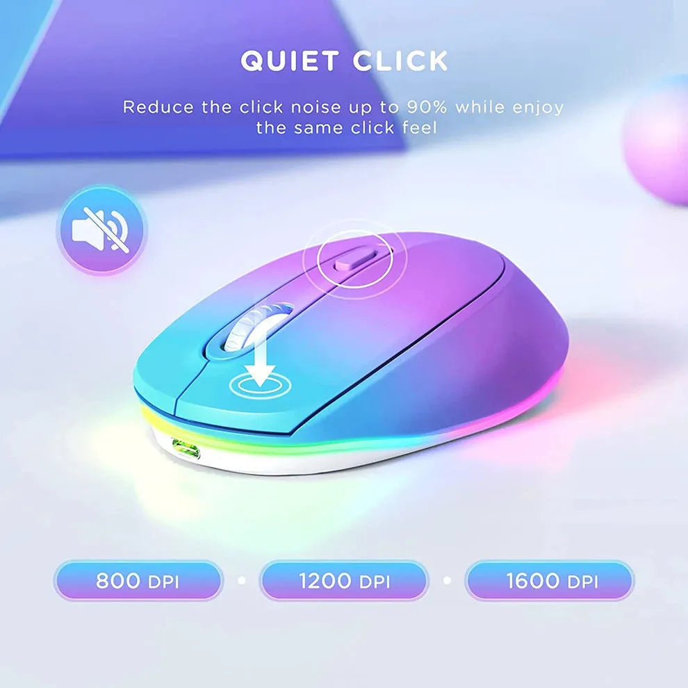 Lightweight 24g wireless mouse with USB charging cable in multiple colour options on a desk.