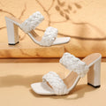 Square toe flip-flops with chunky heel featuring woven twisted pattern on white PU upper