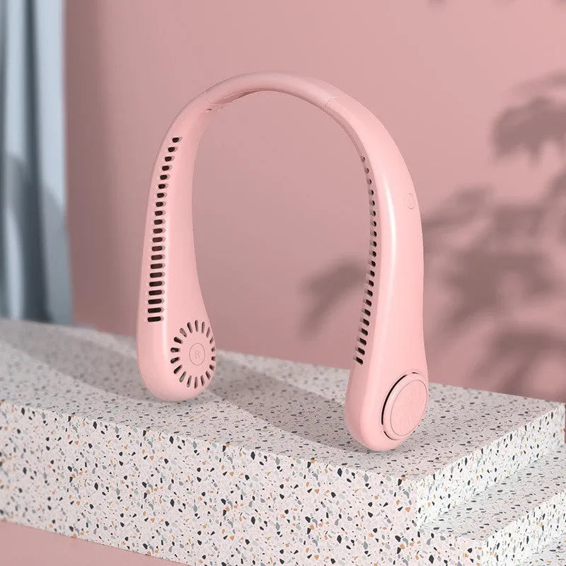 White USB rechargeable bladeless neck fan with flexible neckband for personal cooling