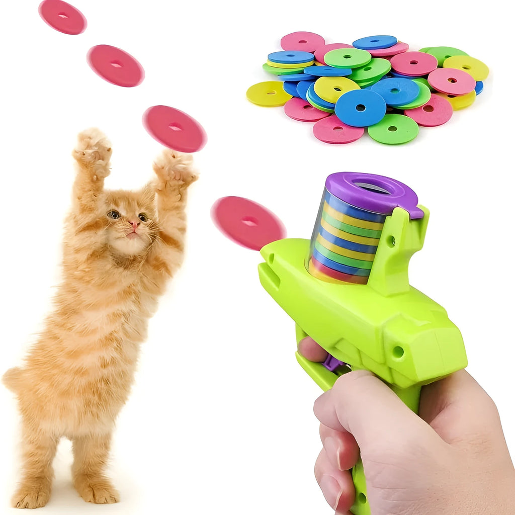 Green battery-free cat toy launcher with foam discs for interactive indoor pet play