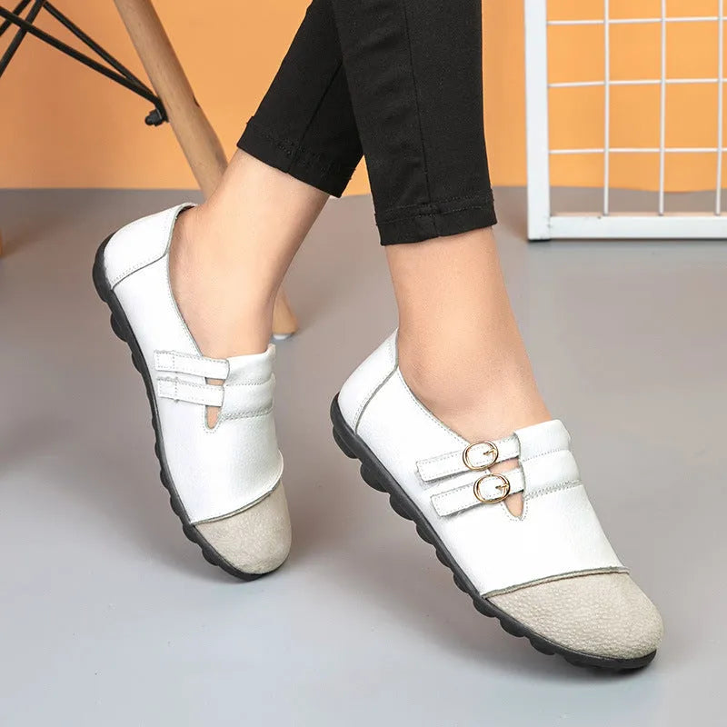 Button brand casual leather flat shoes with a Velcro strap, shown in multiple colours on a white background.