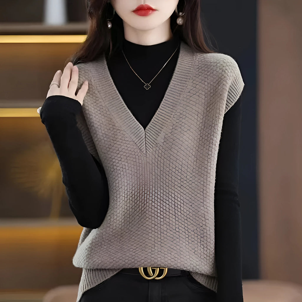 Women's knitted V-neck sleeveless vest with 3D pattern texture in multiple colour options
