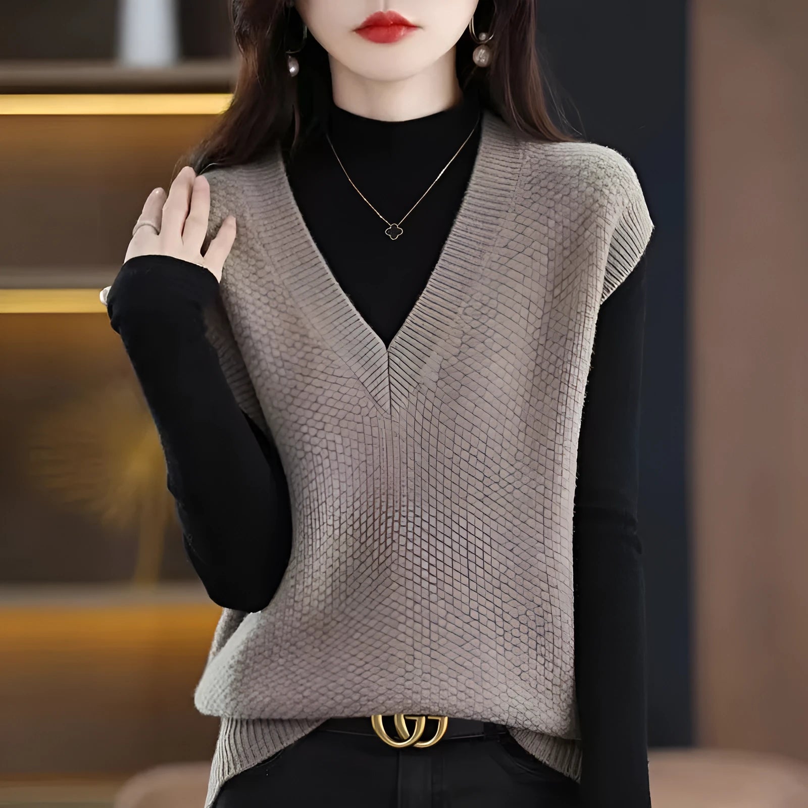 Women's knitted V-neck sleeveless vest with 3D pattern texture in multiple colour options