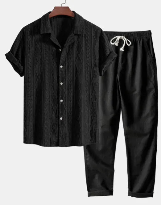 Men's slim fit camouflage print shirt and trousers casual suit with short sleeves
