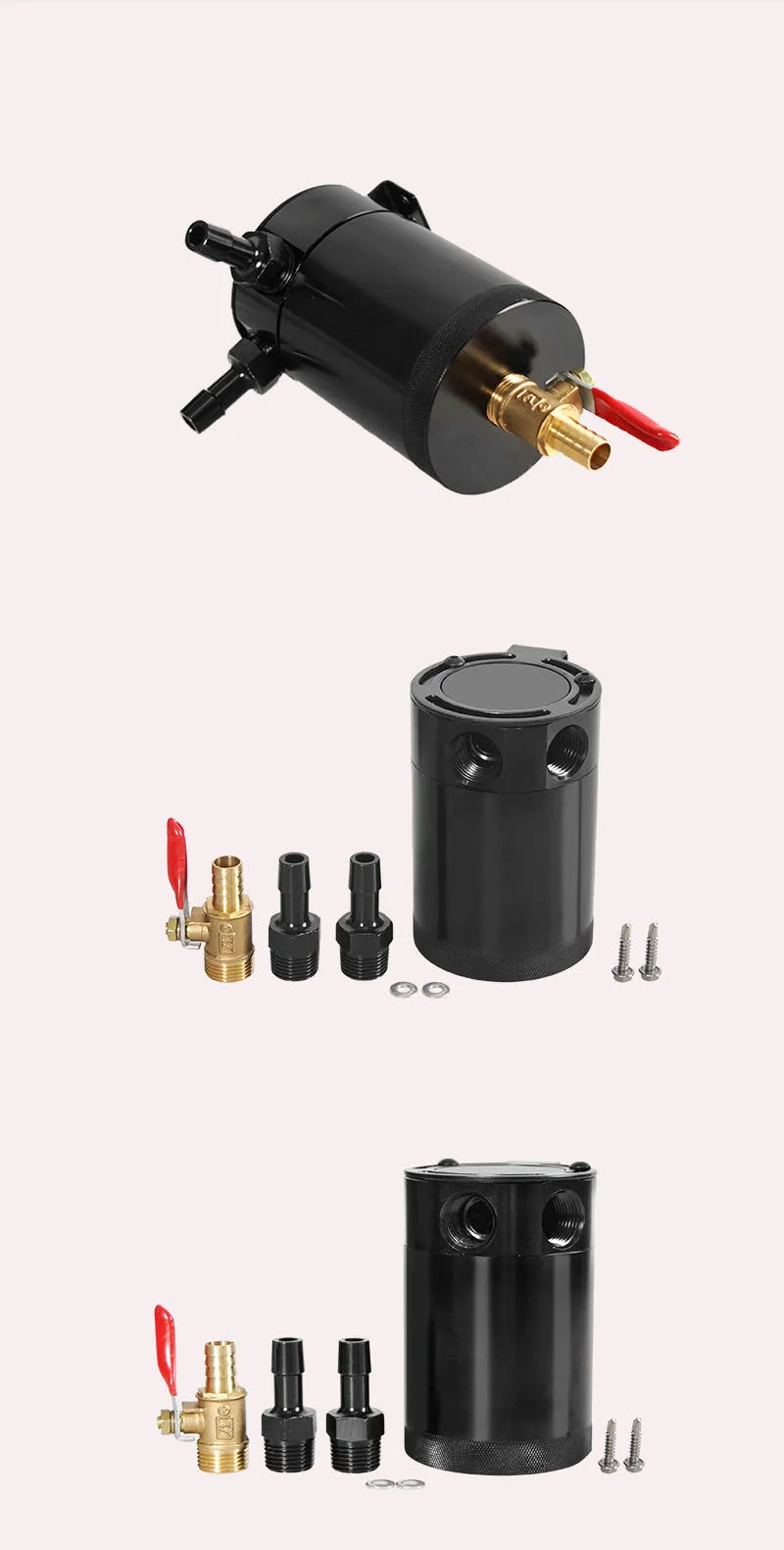 Black aluminium automotive oil pot with connectors and installation hardware