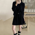 Grey women's art retro knit two-piece set featuring a pleated vest skirt with belt and a long-sleeved cardigan.