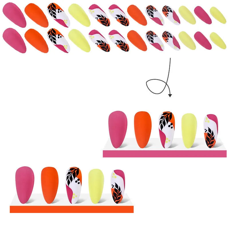 Wear Armour brand medium almond shaped frosted nail sticker set showing four different designs: French colourful leaf, colourful plating, star flash macaron, and gradient leopard print.