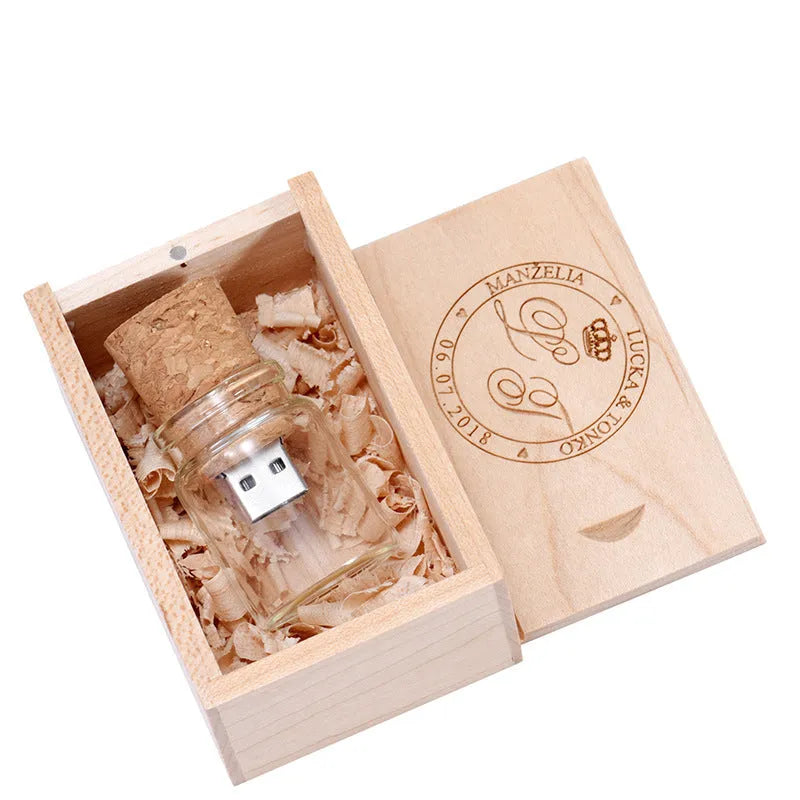 Chocolate brown wooden bottle-shaped USB flash drive with a custom graphic on its surface