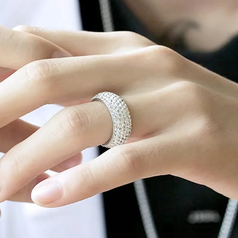 Titanium steel ring with diamond treatment starry sky design in silver, U-shape, unisex sizes 6 to 13