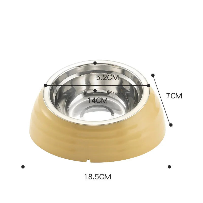 Stainless steel cat bowl in plastic holder available in light green, beige, or brown colours