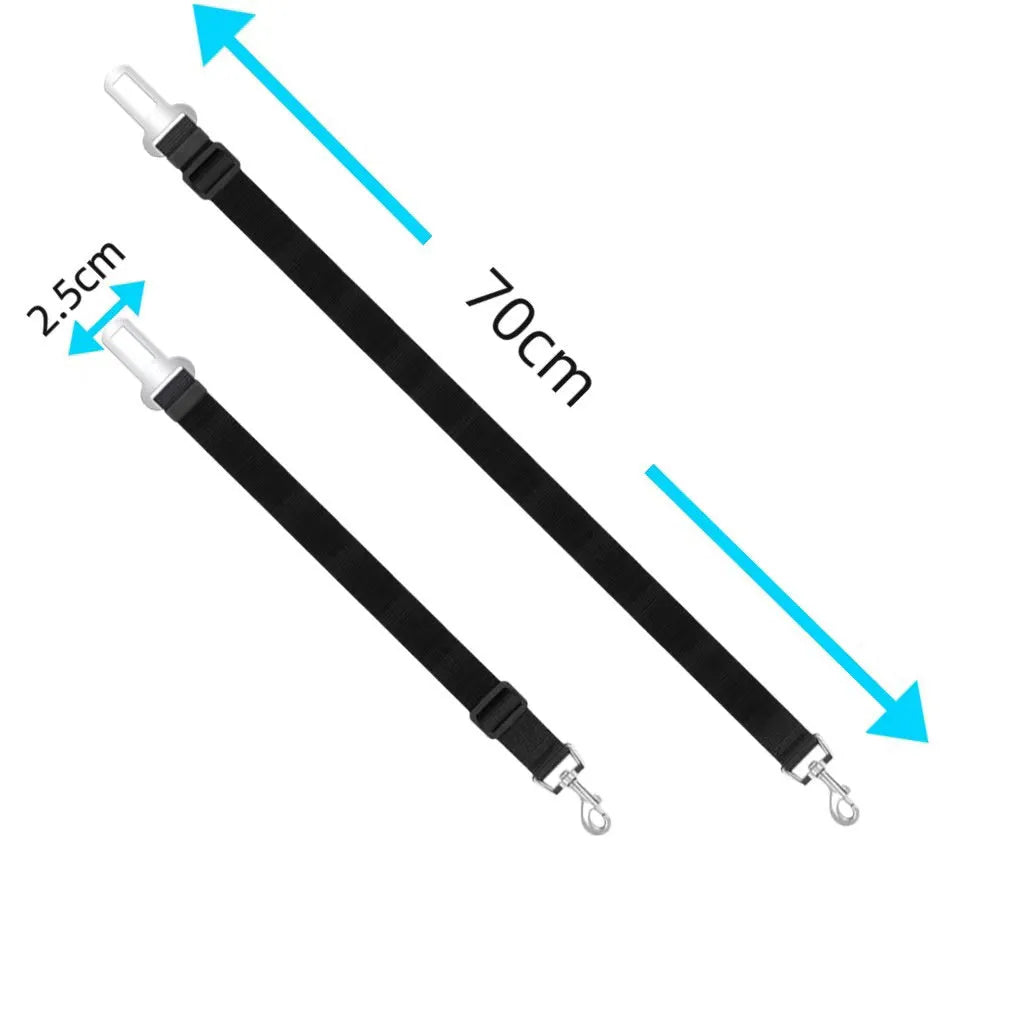 Black dog car seat belt with metal clip and adjustable polyester webbing on car seat