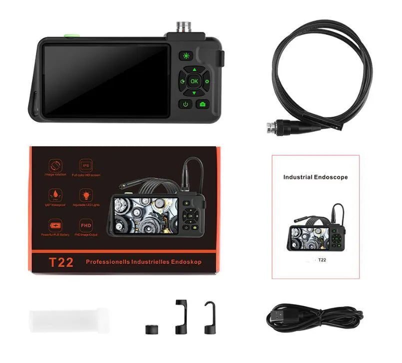 Handheld industrial endoscope with 4.5-inch screen showing automotive inspection on 5.5mm probe